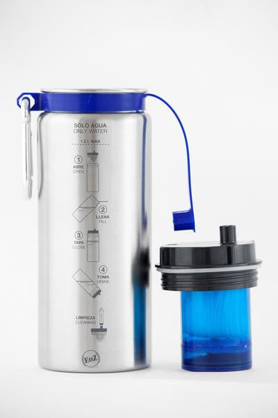 Water bottle with filter for hiking, camping, traveling, expeditions