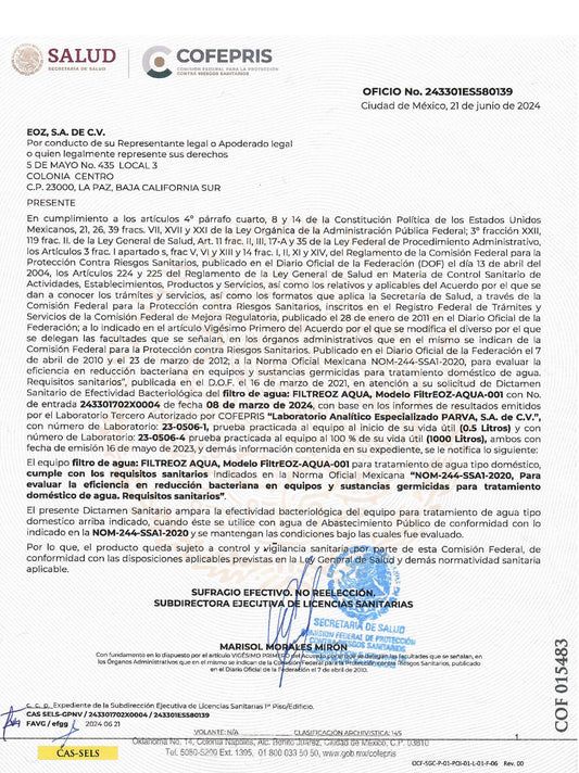certificacion cofepris filtro agua aqueoz filtreoz nom 244 ssa1 2020 filtro rural urbano