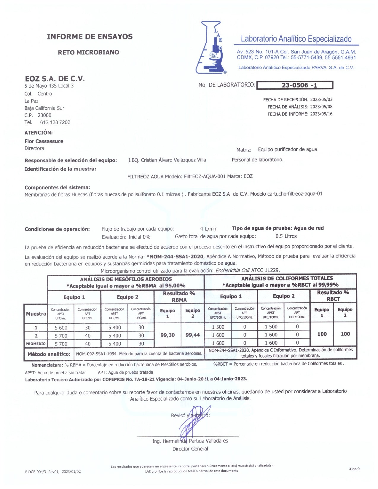 eficiencia filtro agua aquaeoz filtreoz certificado laboratorio nom 244 ssa1 2020 cofepris mejor filtro purificador mexico