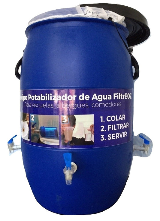 Filtro de agua con fibras huecas + contenedor 60L y triple llave | Para escuela rural