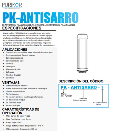 Filtro anti sarro bajo tarja cocina para agua dura 2.5 x 10 pulgadas |PURIKOR