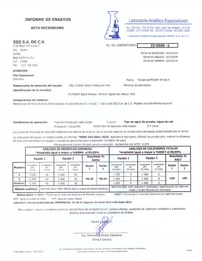 eficiencia filtro agua aquaeoz filtreoz certificado laboratorio nom 244 ssa1 2020 cofepris mejor filtro purificador mexico