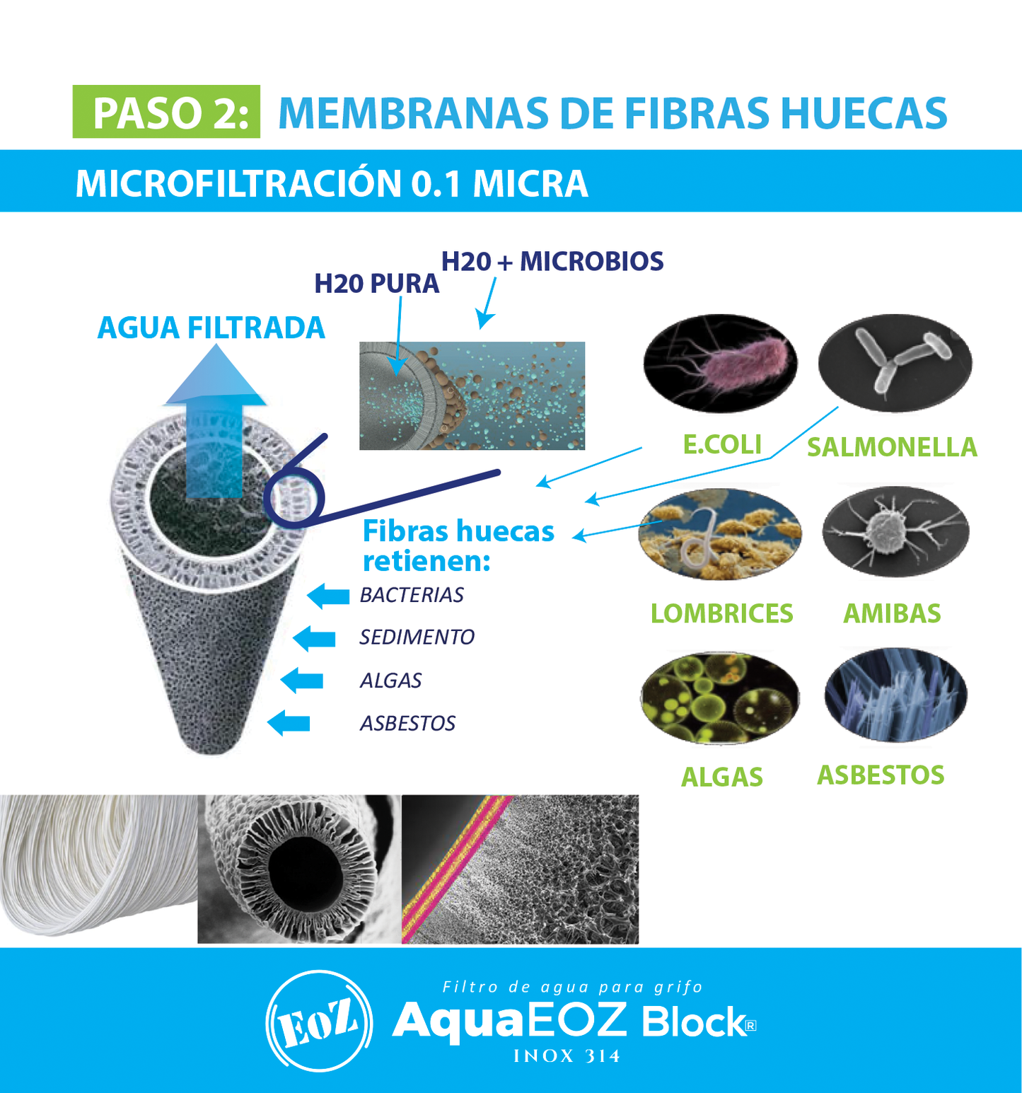 fibras huecas para microfiltracion del agua con 600 fibras huecas de 0.1 micra de porosidad nominal para garantizar 100% de remocion de bacterias cuyo tamaño es de 0.2 a 2 micra, las fibras huecas logran remover toda particula mayor a 0.1 micra incluyendo hongo, parasito, asbestos, algas, bacterias