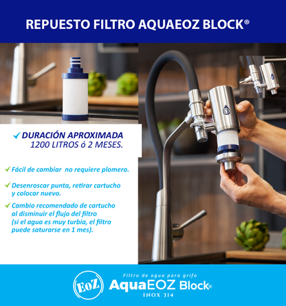 nuevo filtro de agua para la llave aquaeoz block tercera generacion con bloque de carbon y fibras huecas duracion 2 a 3 meses por cada cartucho de repuesto, viene incluido 2 cartuchos en cada producto, un cartucho puesto en el filtro y un cartucho extra
