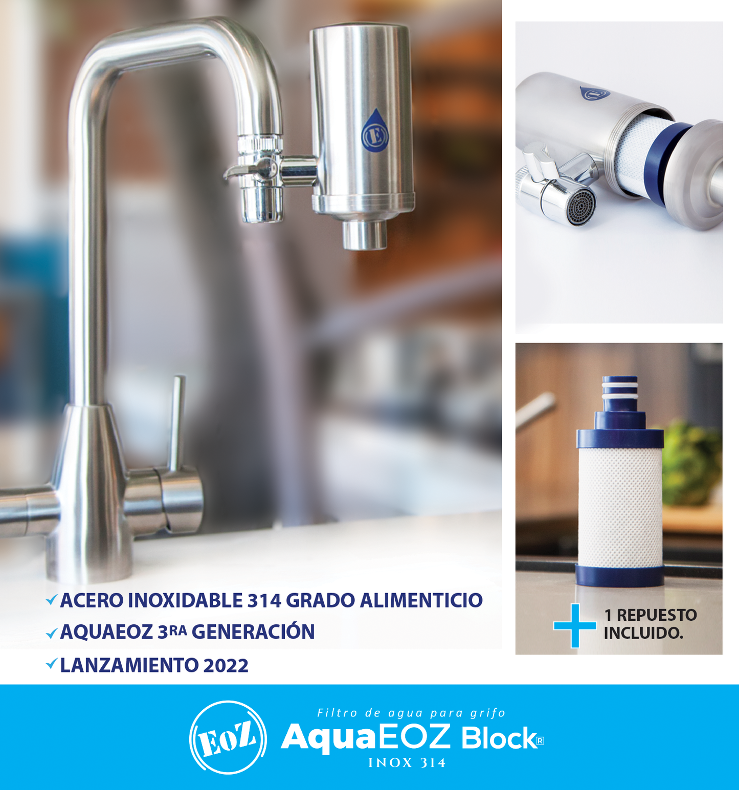nuevo filtro de agua para llave cocina aquaeoz acero inoxidable ecologico moderno certificado
